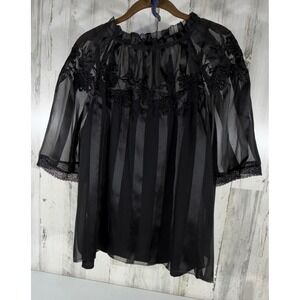 Chicos 2 Piece Top Set Size 2 or Large Black Sheer Satin Stripe Embroidered Lace